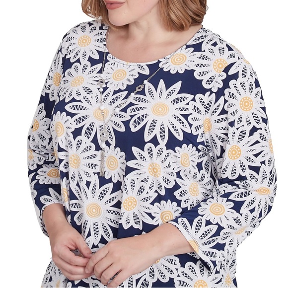 Alfred Dunner Navy & White Floral Top~Yellow Highlights 3/4 length sleeve 3 xl - Picture 1 of 8